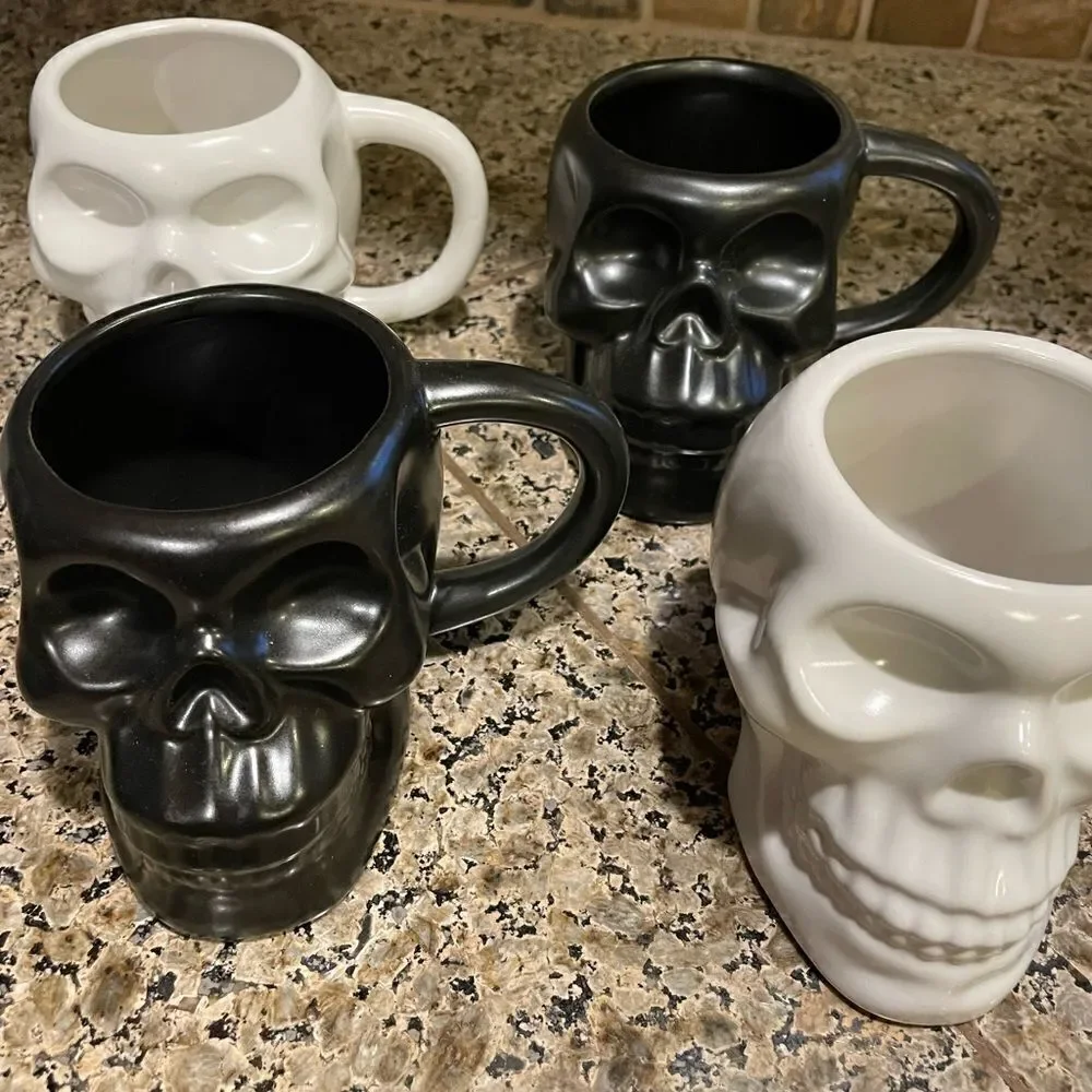 Hyde and EEK Stoneware Skull Mugs  Set of 4 with 3 Shot Glasses